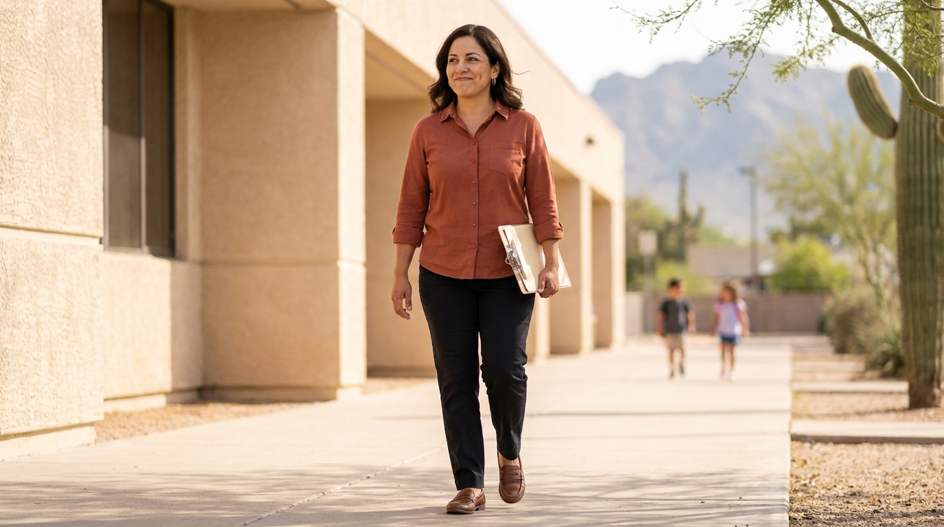 Maria Salgado-Whitman walking the front sidewalk of a Paradise Valley elementary school